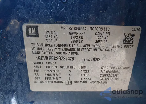 2016 Chevrolet Silverado 1500 1Lt из США, поврежденный, VIN 1GCVKREC2GZ274281